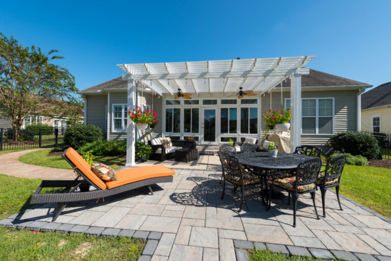 Here is a beautiful Renaissance pergola incorporated into a beuatiful outdoor living space!
